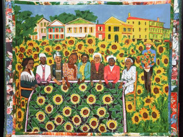 Faith Ringgold, The Sunflowers Quilting Bee at Arles, 1991, Acrylic on canvas with fabric border, 74” x 80”